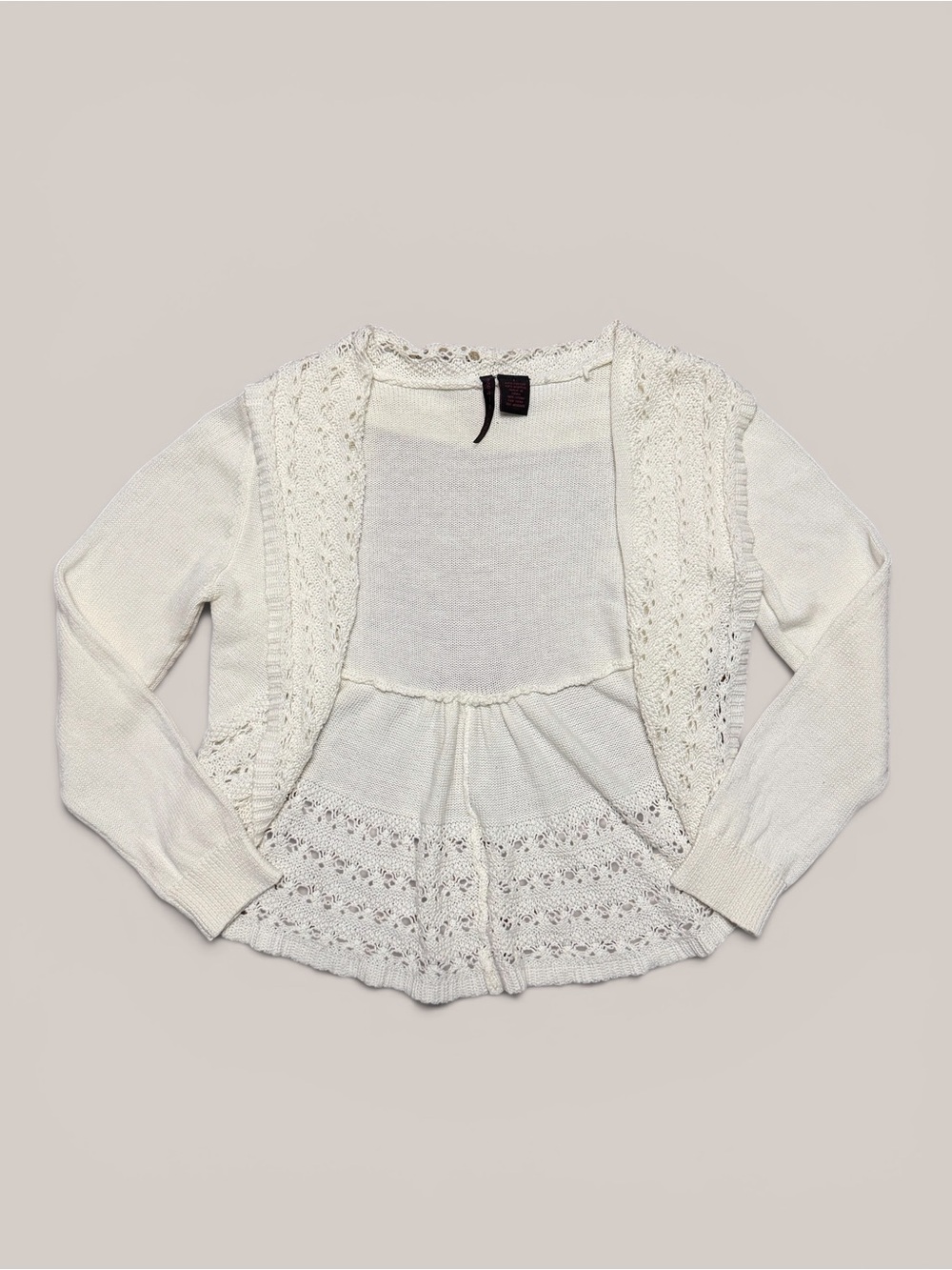 Y2K VINTAGE Ivory Open Front Cropped Pointelle Knitted Cardigan